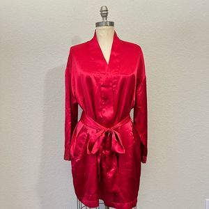 VTG Y2K VICTORIA'S SECRET Red Satin Belted Kimono Mini Robe w/ Pockets